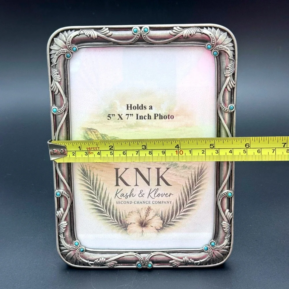 Ornate Turquoise Beaded Silver Tone Photo Frame 5x7 Vintage Style Tabletop Decor